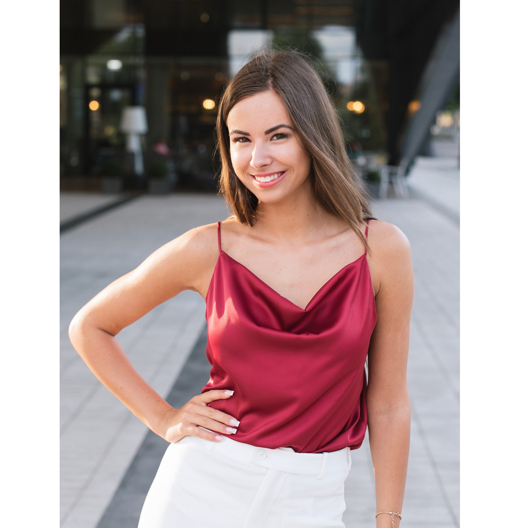 Satin and Lace Cowl Neck Cami - Candy red