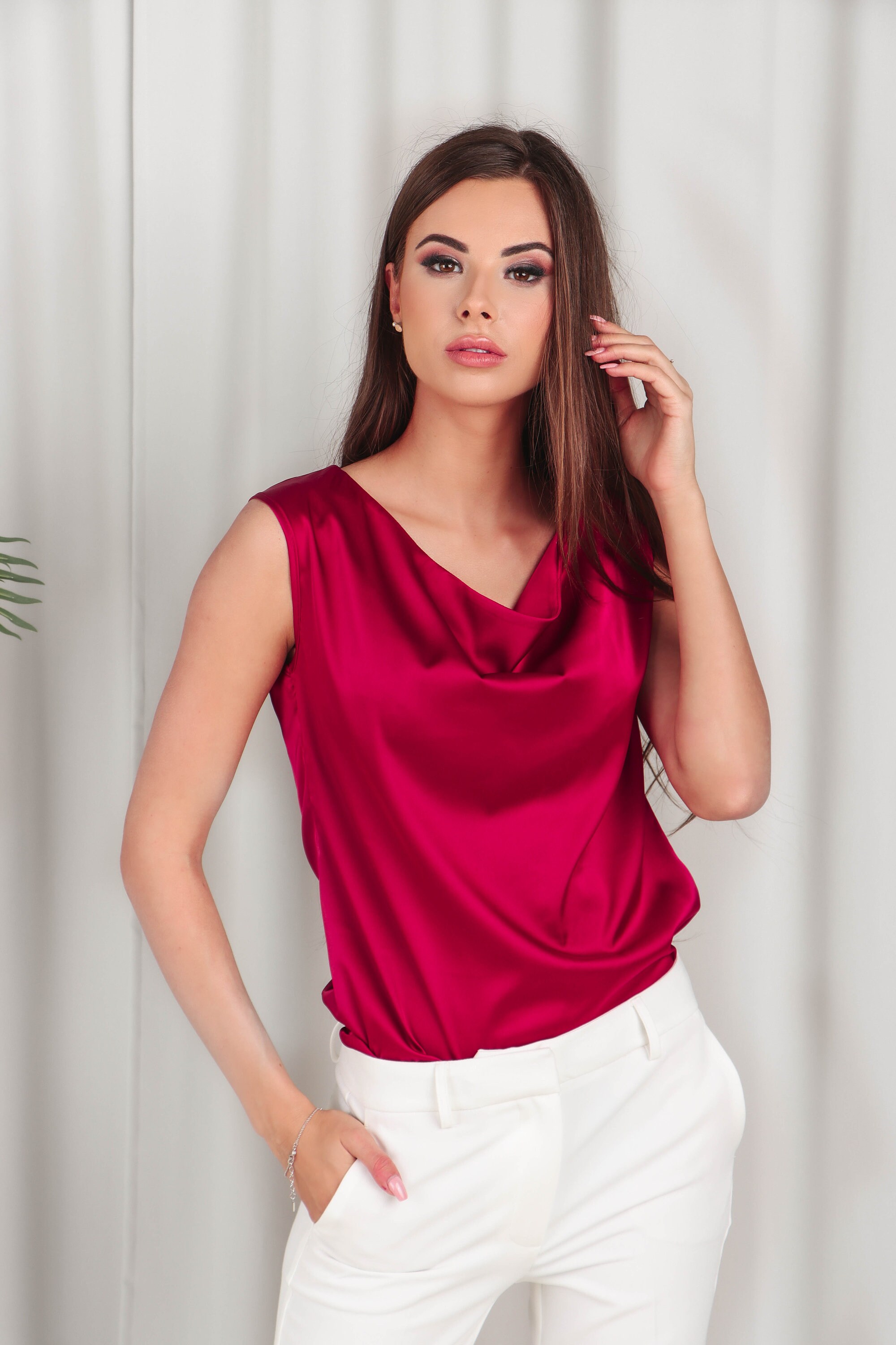 Silk Tank Top Sleeveless Blouse Satin Tank Summer Top With Cowl Neck in