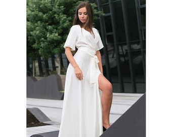 White silk dress Bell sleeve Long evening dress V neck slit dress Floor length prom dress Satin Bridesmaid dress