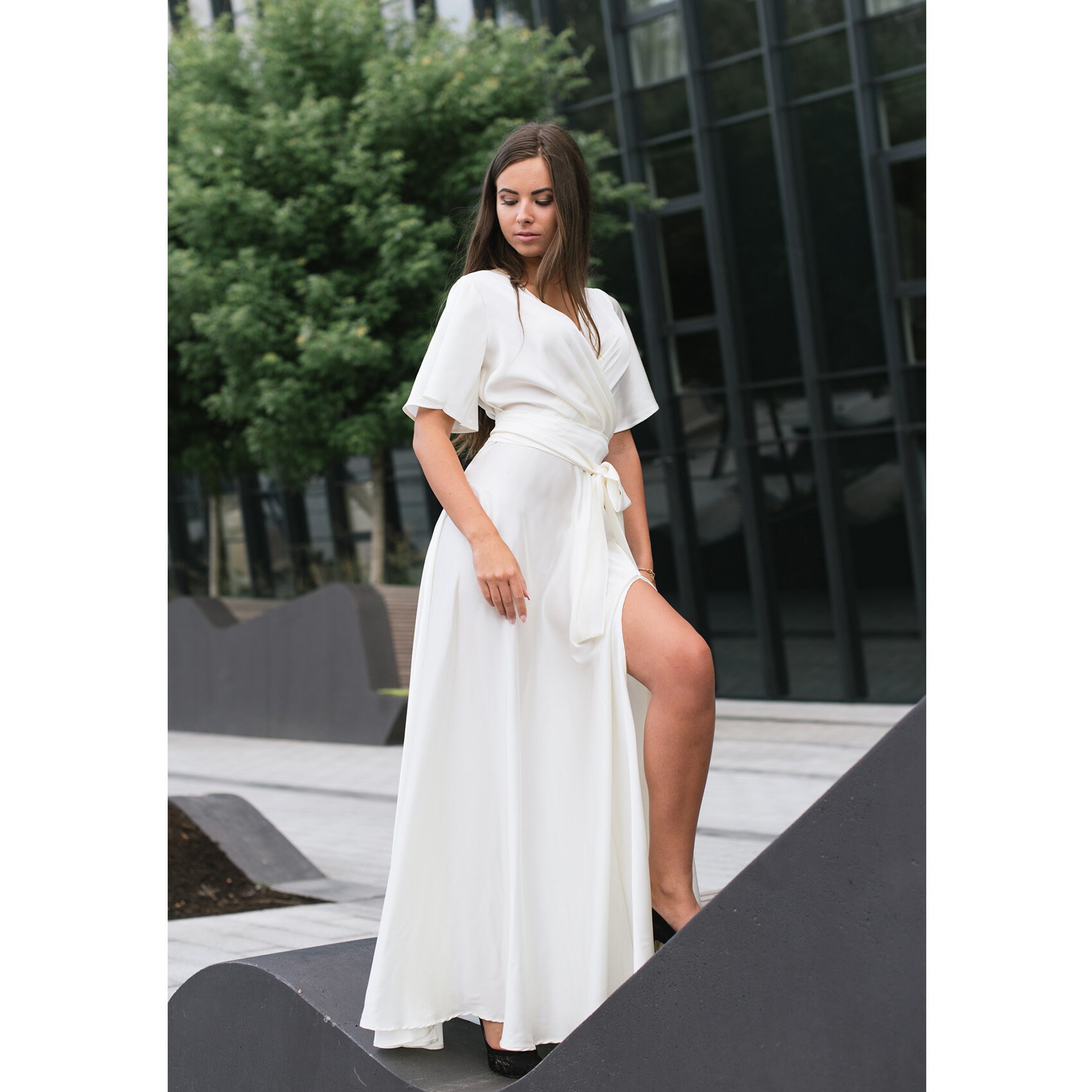 White Silk Dress With Bell Sleeves Long ...