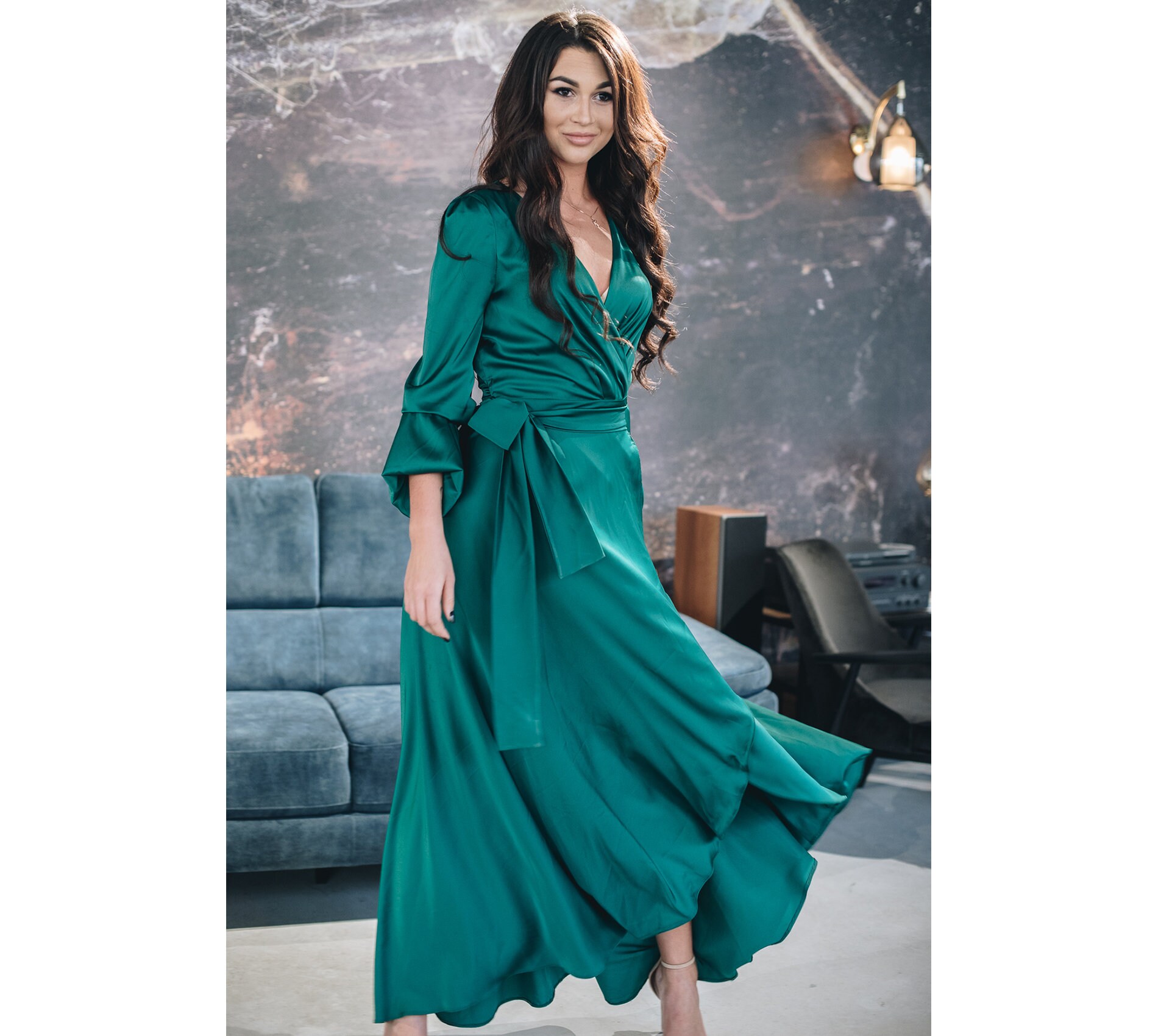green satin long sleeve dress