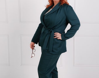 Plus Size Pants Suit Oversize Jacket and Creased Trousers Set Deep Green  Blazer Two Piece Matching Set for Women -  Canada