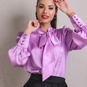 Pussy bow blouse Artificial silk retro tie neck blouses for women Purple shirt image 1