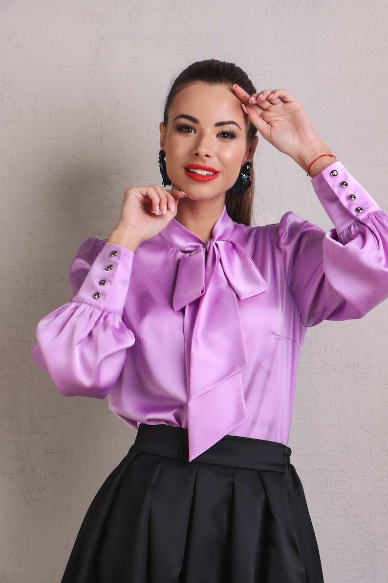 Pussy bow blouse Artificial silk retro tie neck blouses for women Purple shirt image 1