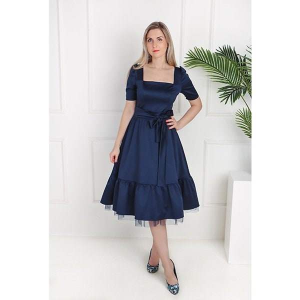 Pleated Midi A Line Dress Royal Blue 