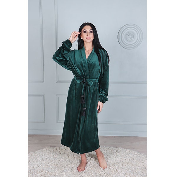 Long Velvet Robe Velour Dressing Gown Women's Emerald House Coat Shawl