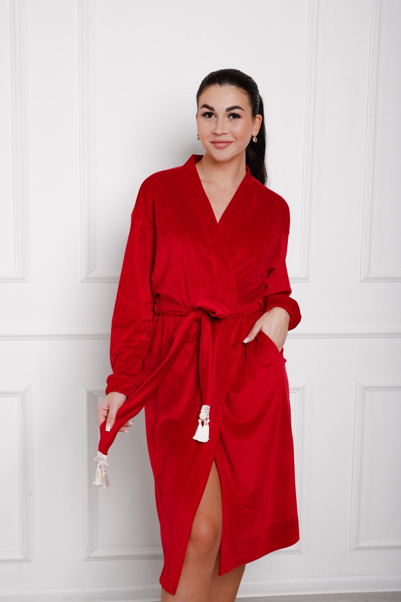 Red Velvet Robe Women Velour House Coat Shawl Collar Bathrobe Luxury