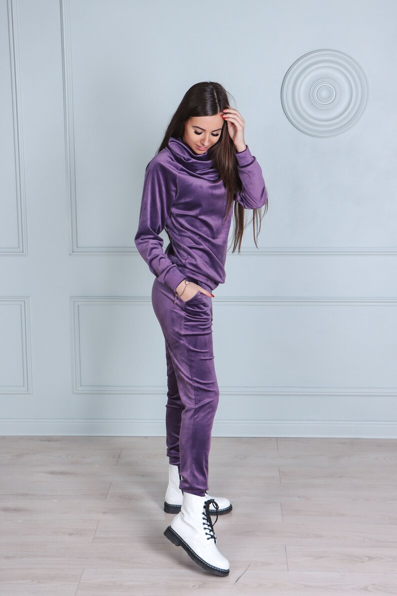 Purple velour tracksuit Cowl neck sweatshirt and jogger pants matching set Women/'s velvet track suit