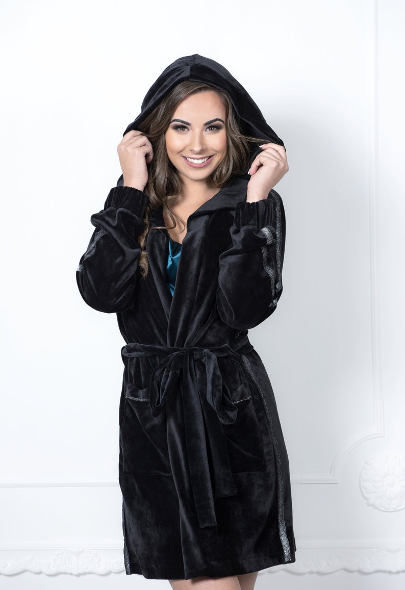 ladies black velour dressing gown