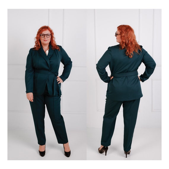 Plus Size Pants Suit Oversize Jacket and Creased Trousers Set Deep Green  Blazer Two Piece Matching Set for Women 