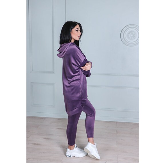 Velour Tracksuit Purple Velvet Leggings and Oversized Hoodie