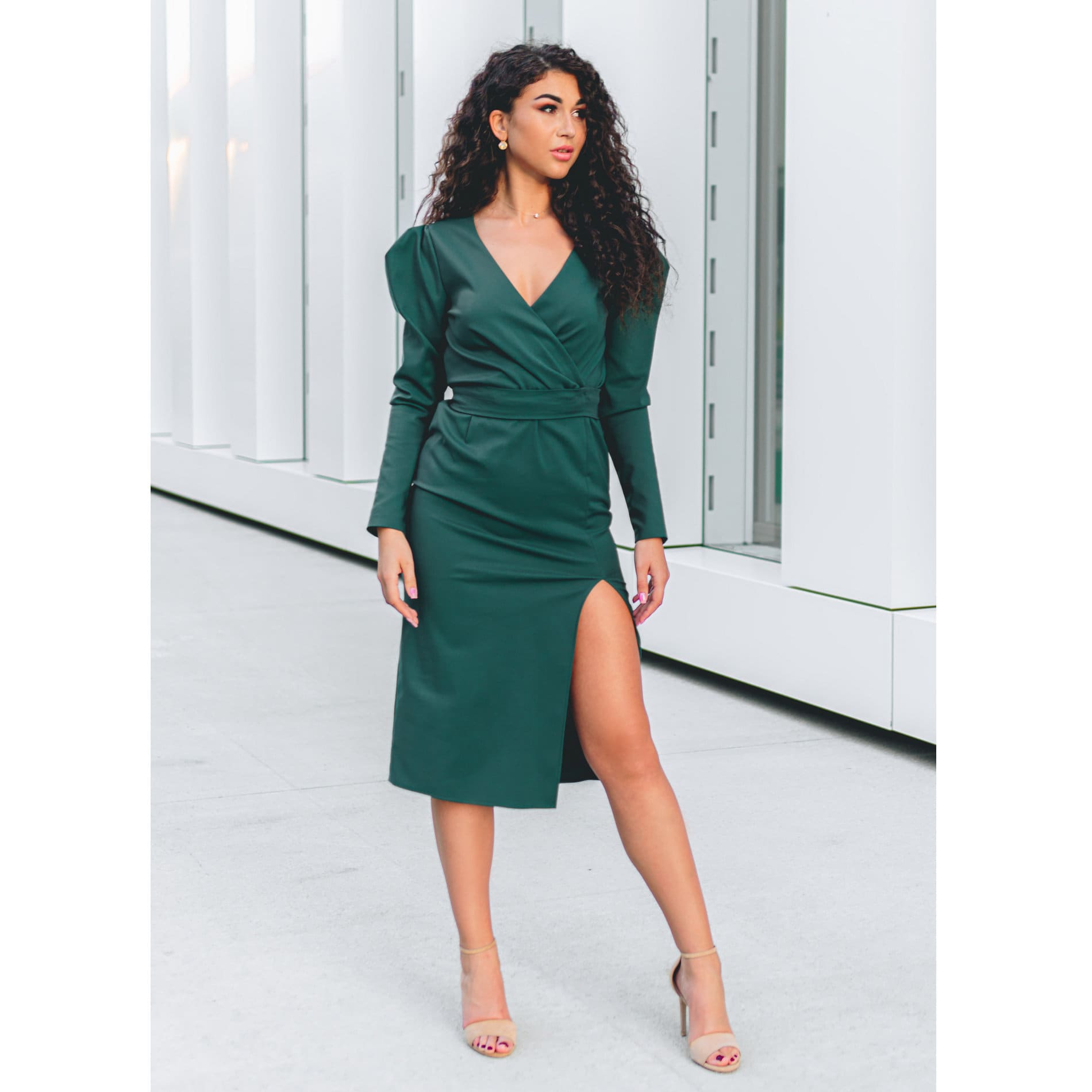 Green Pencil Dress V Neck Puff Shoulder Cotton Midi Dress With Slit and ...