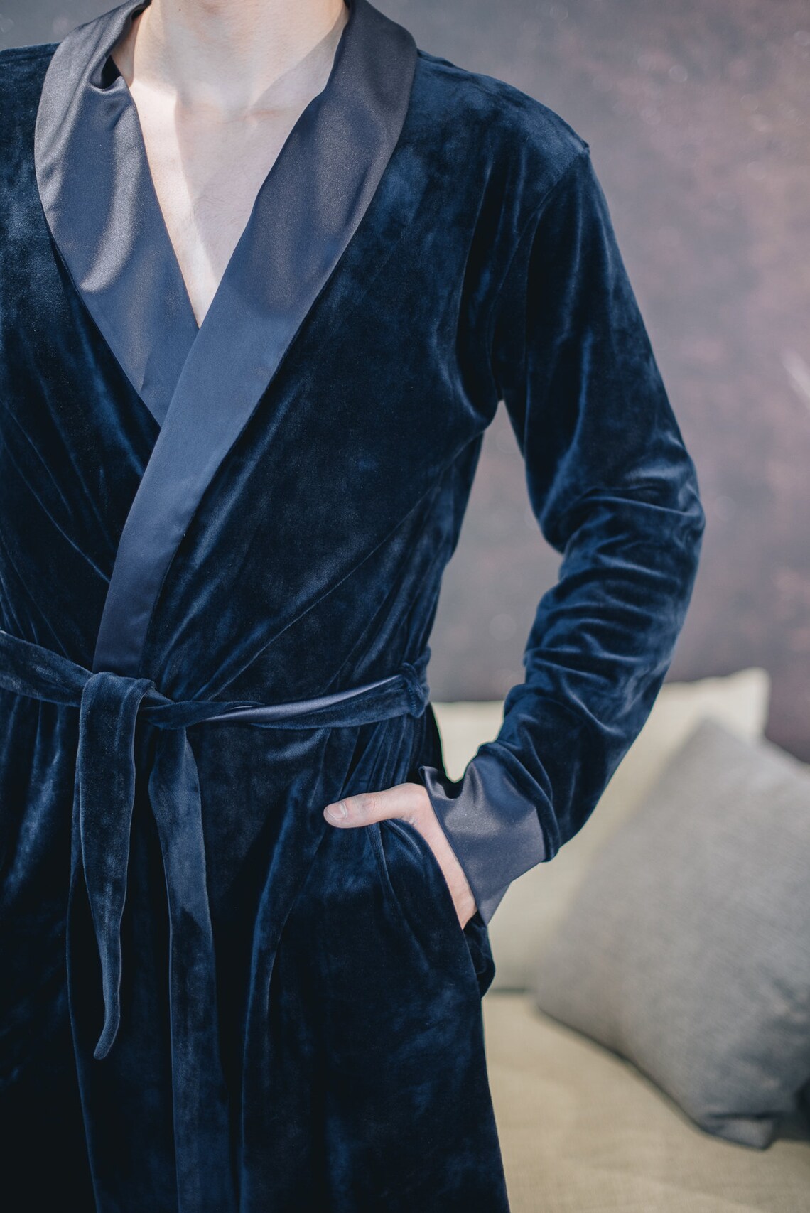 Classic Mens Robe Plush Velvet Bathrobe Shawl Collar Velour Dressing ...