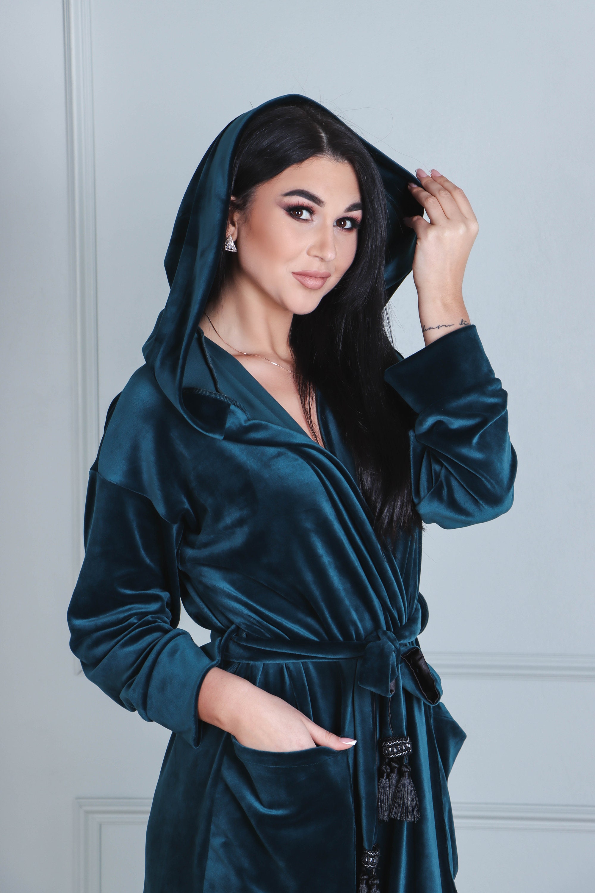 Velvet Hooded Robe Teal Velour Dressing Gown Luxury House Coat Plush