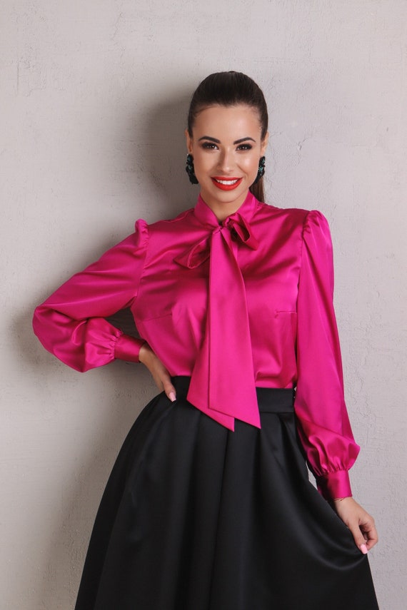 Pussy Bow Blouse Pink Women's Shirt Long Sleeve Bow Tie - Etsy