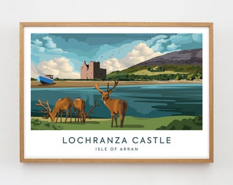 May include: A colorful illustration of Lochranza Castle on the Isle of Arran, Scotland. The castle is a brown stone ruin with a blue sky and white clouds behind it. There are three red deer in the foreground, standing in a grassy field by a body of water. The text "LOCHRANZA CASTLE ISLE OF ARRAN" is at the bottom of the image.