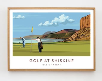 May include: A colorful illustration of two golfers on a green golf course with a blue sky and white clouds. The text "GOLF AT SHISKINE ISLE OF ARRAN" is at the bottom of the image.