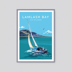Navegando em Lamlash Bay & Holy Isle, Ilha de Arran, Escócia, Impressão A3 e pôsteres A2, Ilustração de viagem vintage