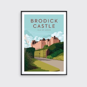 Castillo de Brodick, isla de Arran, Escocia, impresión A3, ilustración de viaje vintage