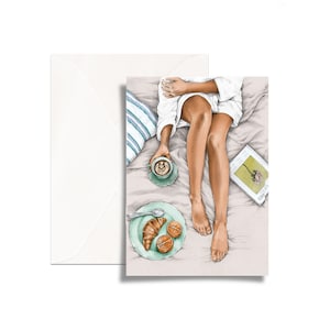 Carte de vœux pliée // carte avec enveloppe // carte illustrée // petit-déjeuner au lit // dessin au crayon // carte postale // carte d’anniversaire