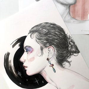 A4 original illustration // portrait drawing // fashion illustration // A4 pencil drawing // graphite illustration // watercolour art image 2