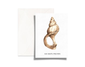 Folded greeting card // card with envelope // illustrated card // shell illustration // treasure // post card