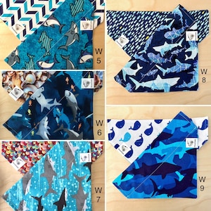 Handmade, reversible over-the-collar bandana — ocean (sharks) patterns W5, W6, W7, W8 and J14