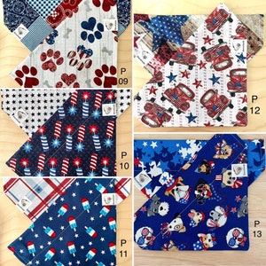 May include: Four different patterned bandana designs for dogs. The bandanas are all in red, white, and blue colors and feature various patriotic themes, including stars, fireworks, and dogs wearing hats. The bandanas are labeled with the letters "P" and a number.