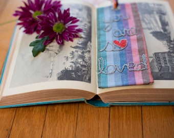Marque-page en coton brodé amour arc-en-ciel, cadeau pour amoureux des livres