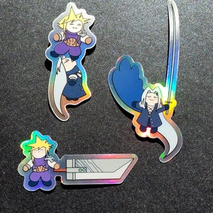 Chibi Cloud & Sephiroth • FFVII • Waterproof Silver Holographic Vinyl Stickers