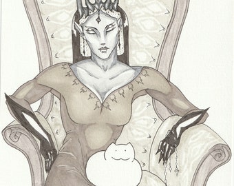 Vampire Queen & Her Cat :3 • Ink Drawing