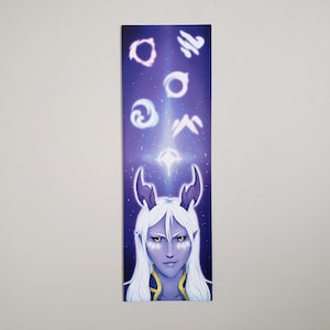 May include: A purple and white fantasy character with horns and white hair. The character is surrounded by glowing white symbols against a dark purple and blue starry background.