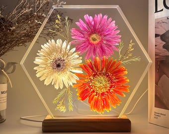 Echte Trockenblumen-Harz-Lampe: Handgemachtes Blumen-Epoxidharz-Nachtlicht