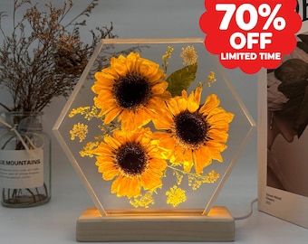 Lampada a forma di girasole in resina, lampada a forma di fiore di nascita in resina epossidica, le luci a forma di girasole brillano intensamente nella notte, lampada a forma di fiore in resina, lampada a forma di fiore in resina epossidica