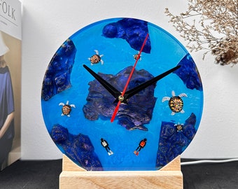 Handmade gift, desk lamp clock sea turtle deep blue sea, wood resin lamp clock, table lamp, wood lamp, ocean resin clock, resin light night