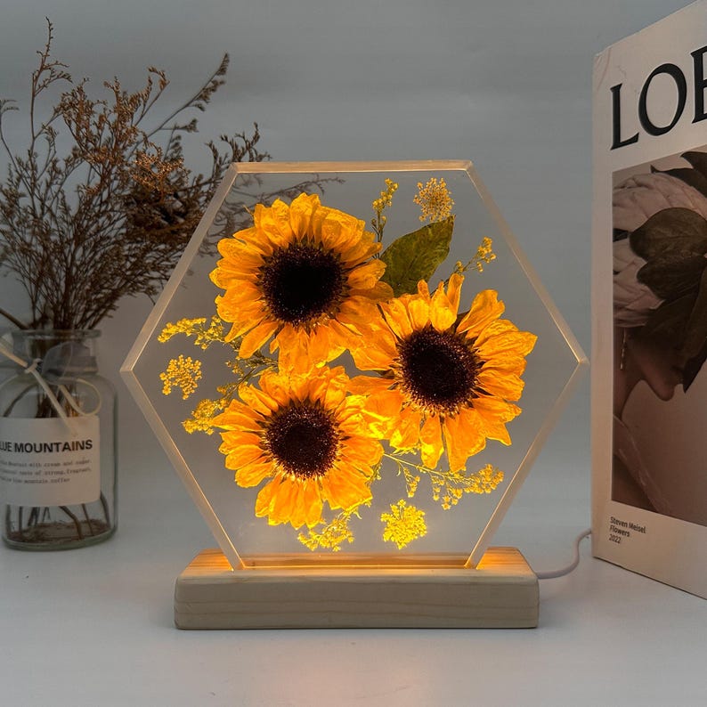 Lámpara de resina de girasol, lámpara de epoxi con forma de flor de nacimiento, las luces de girasol brillan intensamente en la noche, lámpara de resina de flor, lámpara de epoxi con forma de flor