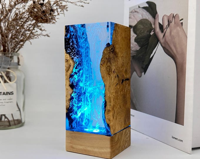 Resin lamp deep blue sea, epoxy resin night light, color changing resin wood lamp, transparent resin lamp, bedside lamp