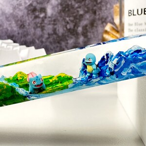 May include: A clear resin keycap with a painted landscape scene featuring blue water, green land, and two small blue and pink figurines.