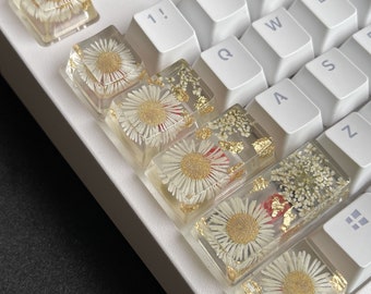 Handmade Resin Keycap Set: Daisy Flower, Cherry MX, Custom Keyboard