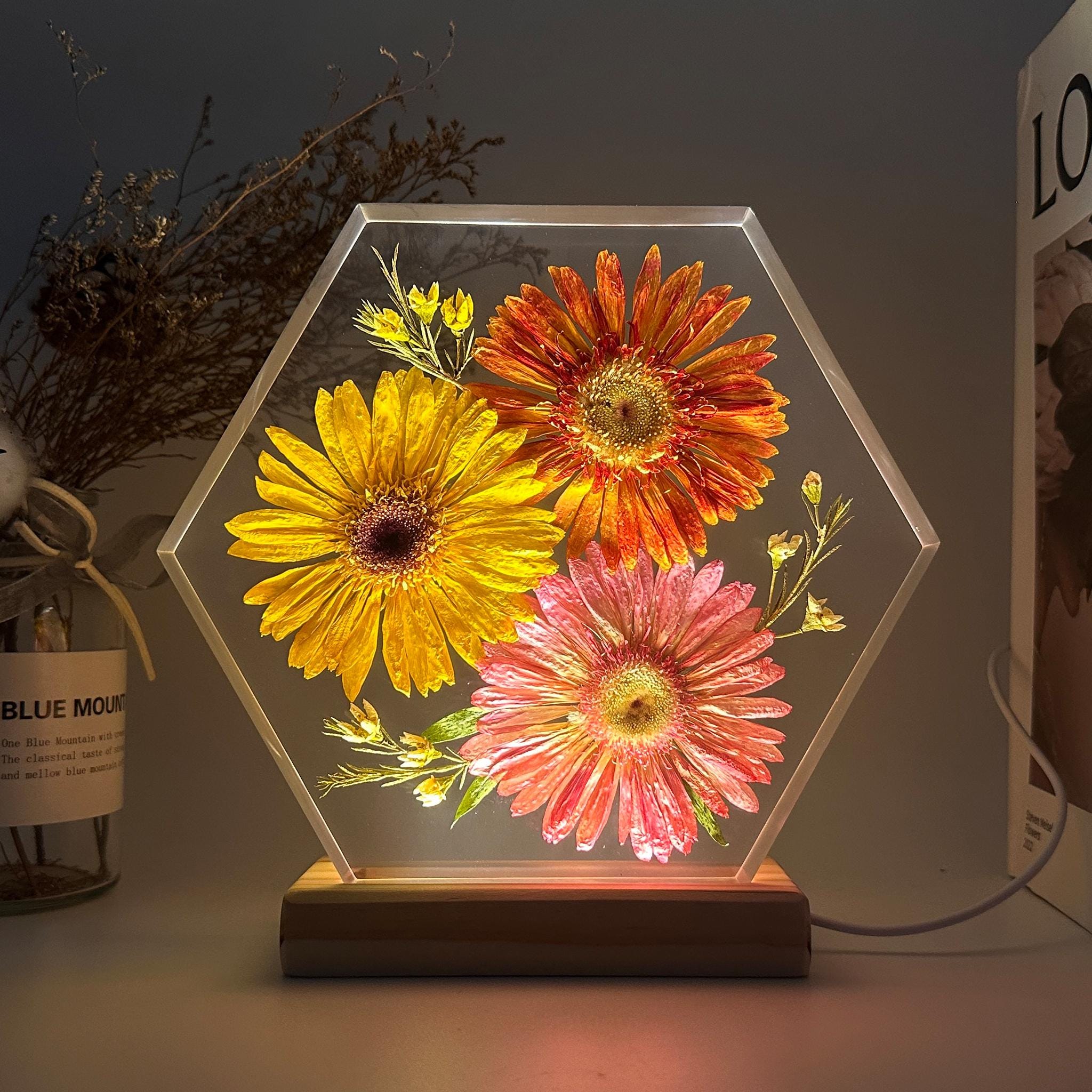 Resin Lamp With Real Dry Flowers, Gerbera Epoxy Lamp, Resin Wood