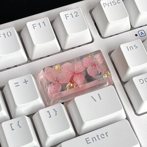 K&ouml;nnte beinhalten: Eine wei&szlig;e Tastatur mit einer rosafarbenen und goldenen Harz-Tastenkappe mit gepressten Blumen. Die Tastenkappe ist &uuml;ber der Taste "/" platziert.