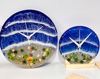 Handmade Ocean Wave Resin Clock: Burl Wood LED Desk Lamp