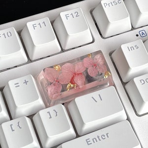 May include: A white keyboard with a pink and gold resin keycap featuring pressed flowers. The keycap is on the "/" key.