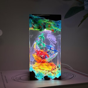K&ouml;nnte beinhalten: Eine rechteckige Harzlampe mit einem klaren Mittelteil und interner LED-Beleuchtung. Im Inneren befinden sich drei Miniaturfiguren in Gr&uuml;n, Rot und Blau auf einem strukturierten Sockel. Die Kanten haben eine dunkle, marmorierte Oberfl&auml;che.
