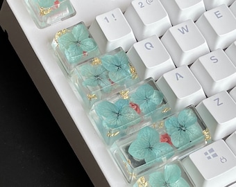 Green Resin Keycap: Custom Hydrangea Keycaps Set