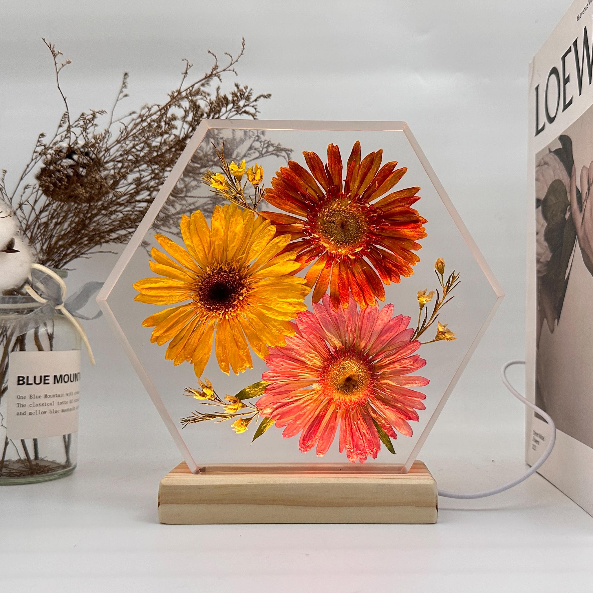 Resin Lamp With Real Dry Flowers, Gerbera Epoxy Lamp, Resin Wood