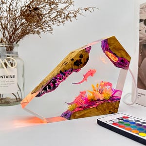 Resin epoxy night light axolotl, resin wood night light, Mexican Salamander resin art lamp, custom handmade gift