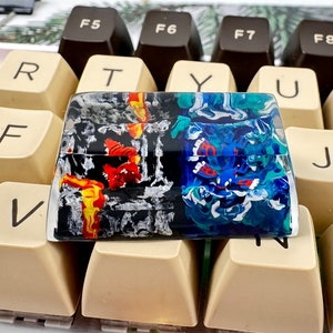 Puede incluir: Un teclado con una tecla personalizada que presenta un diseño abstracto en blanco y negro con acentos rojos y amarillos en el lado izquierdo y acentos azules y verdes en el lado derecho.
