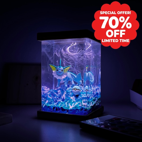 Pokemon gift, custom epoxy lamp, eevee evolution pokemon lamp, bedside lamp, vaporeon epoxy lamp, pokemon birthday, resin night light