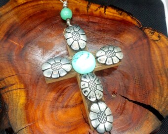 Croix en bois faite main argent turquoise perles Art Kenny Gallegos amérindien